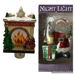 2 Nightlights Christmas Night Light Set Santa Claus Fireplace Plug Ins Winter